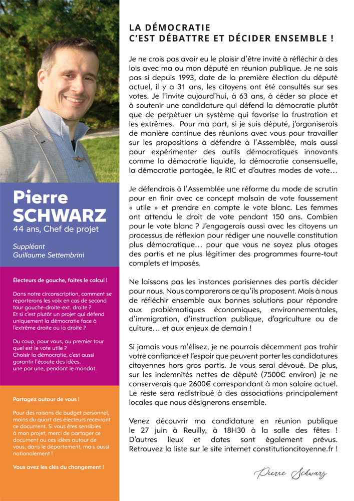 Profession de foi de Pierre Schwarz, candidat aux législatives 2024 dans la seconde circonscription de l'Indre